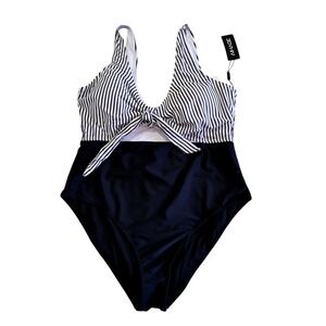 AIMAGE Womens 2XL One Piece Swimsuit Black White Striped Tie Front Cutout NWT
